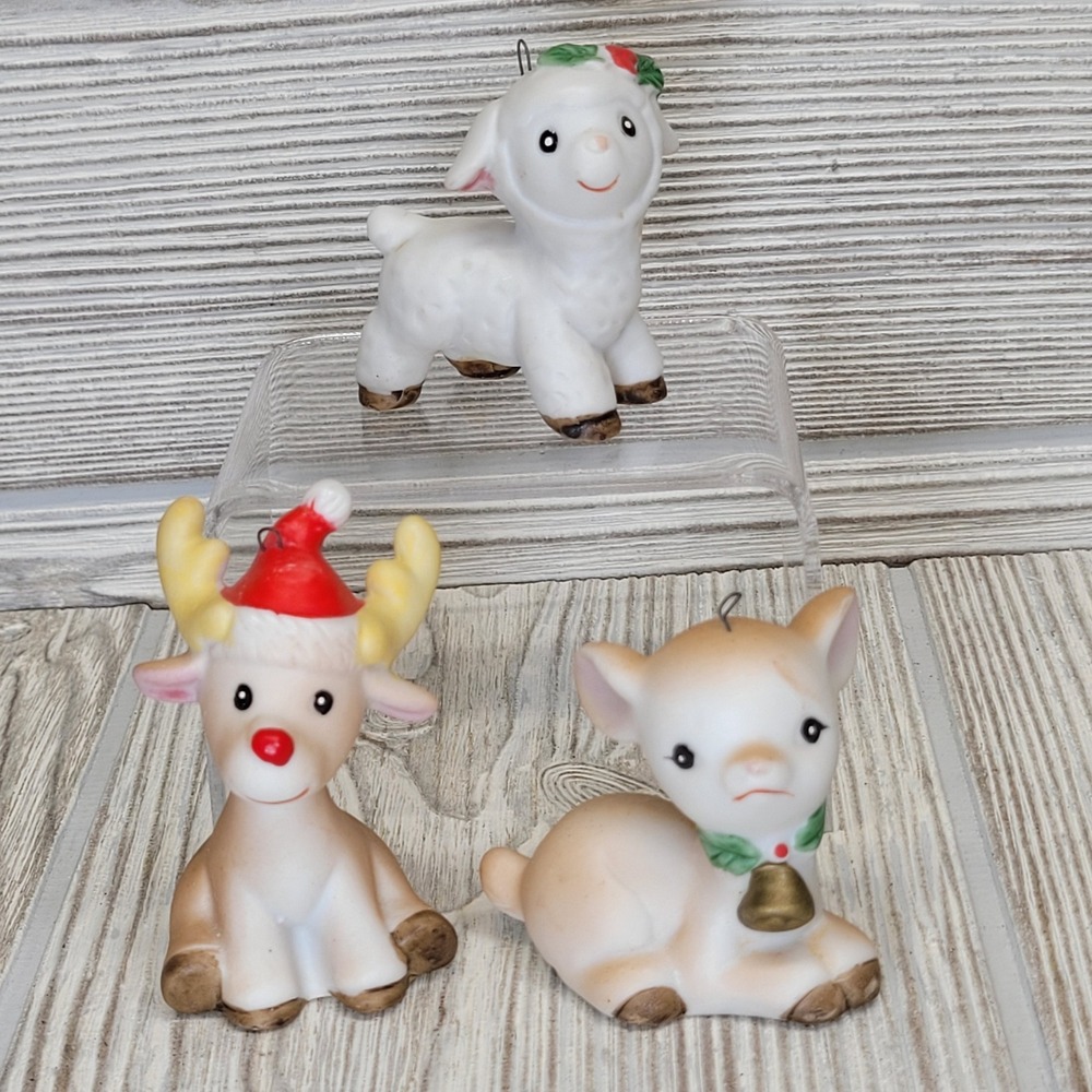 Homco Christmas Ornaments Lamb Reindeer Deer‎ Cow Holiday Animal Figurines Vtg